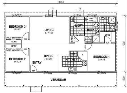 3 Bedroom House Floor Plans with Dimension